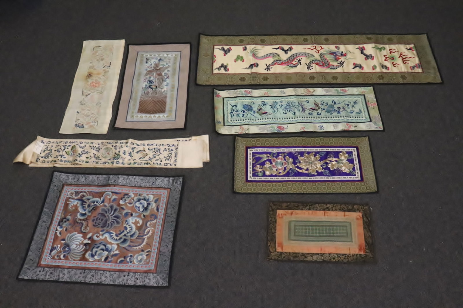 7 Chinese vintage embroidery panels: 7 Chinese vintage embroidery panels, 12.5"x8.9" - 37.15"x11.6"