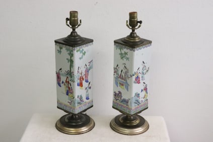 Pair Chinese 19th c. porcelain hat vases, made as lamps