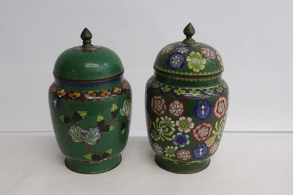 Pair Chinese 19th c. cloisonne enamel covered jars