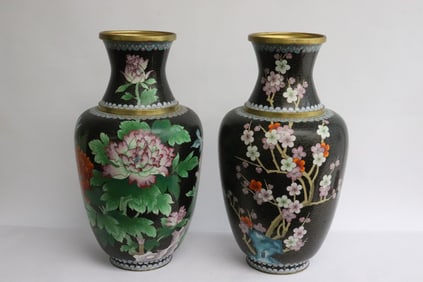 Pair large Chinese black background cloisonne vases