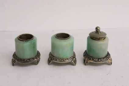 3 antique jadeite archer's ring w/ silver mount, make as shakers