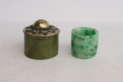 Chinese antique jadeite archer's ring w/ jade & enamel metal cover