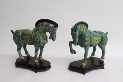 Pair Chinese vintage cloisonne horses