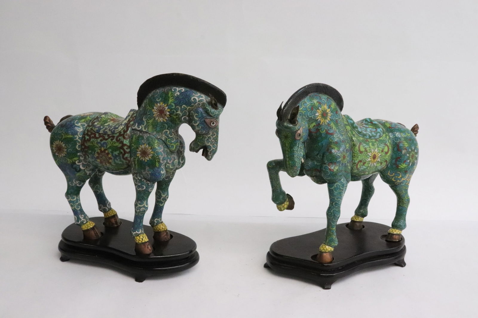 Pair Chinese vintage cloisonne horses: Pair Chinese vintage cloisonne horses, 7.25"H, 7.35"H