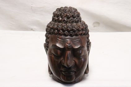 Hardwood carved Buddha head, artist signed