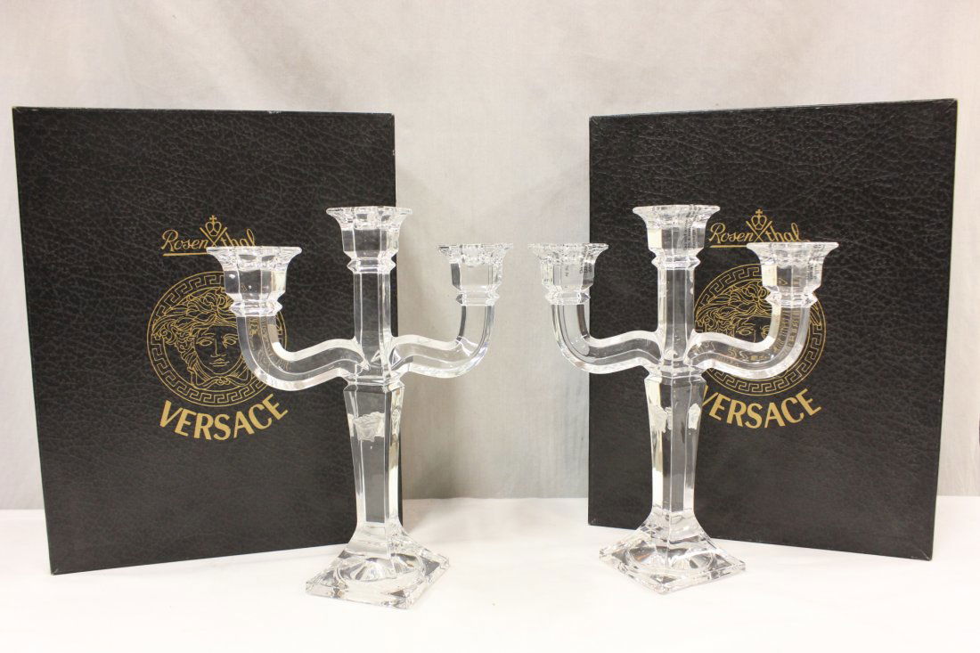 Pr Versace crystal candelabra w/original boxes: Pair Versace crystal candelabra (11.75"Hx9.75"x4.8" each) with original boxes