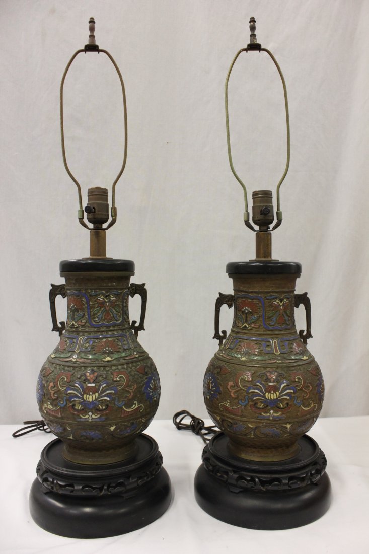 Pr bronze champlevé vases, made as lamps: Pair Chinese/Japanese bronze champlevé vases (11"Hx7.5"dia each), made as lamps (31.1"Hx8.8"dia each)