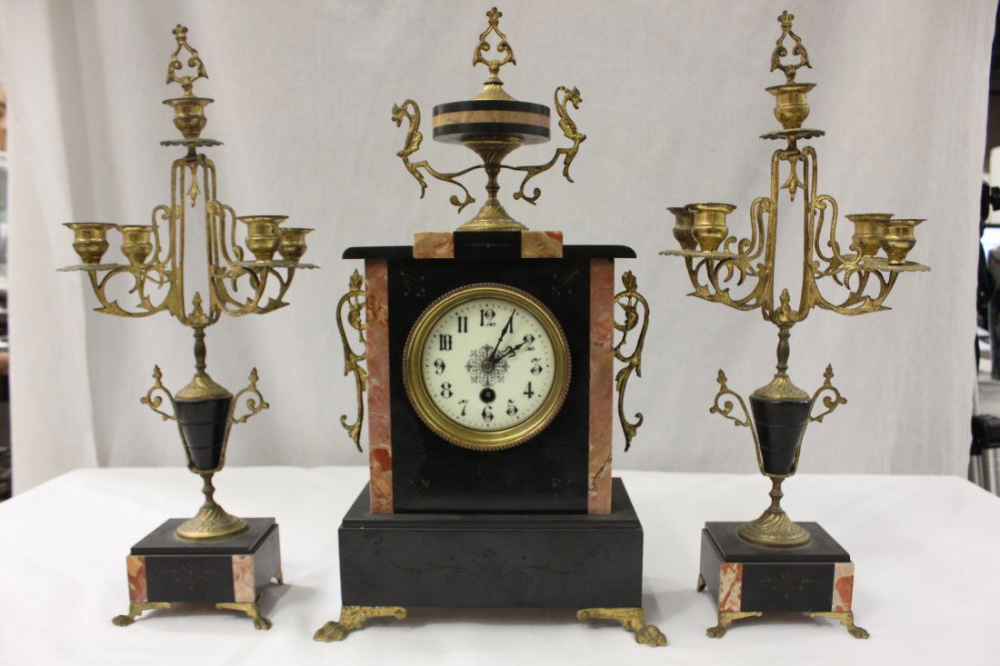 3pc French slag and gilt bronze garniture set: 3pc French slag and gilt bronze garniture set, 18.7"Hx10.5"x5.5", 18.5"Hx7.5"x5.5"(2)