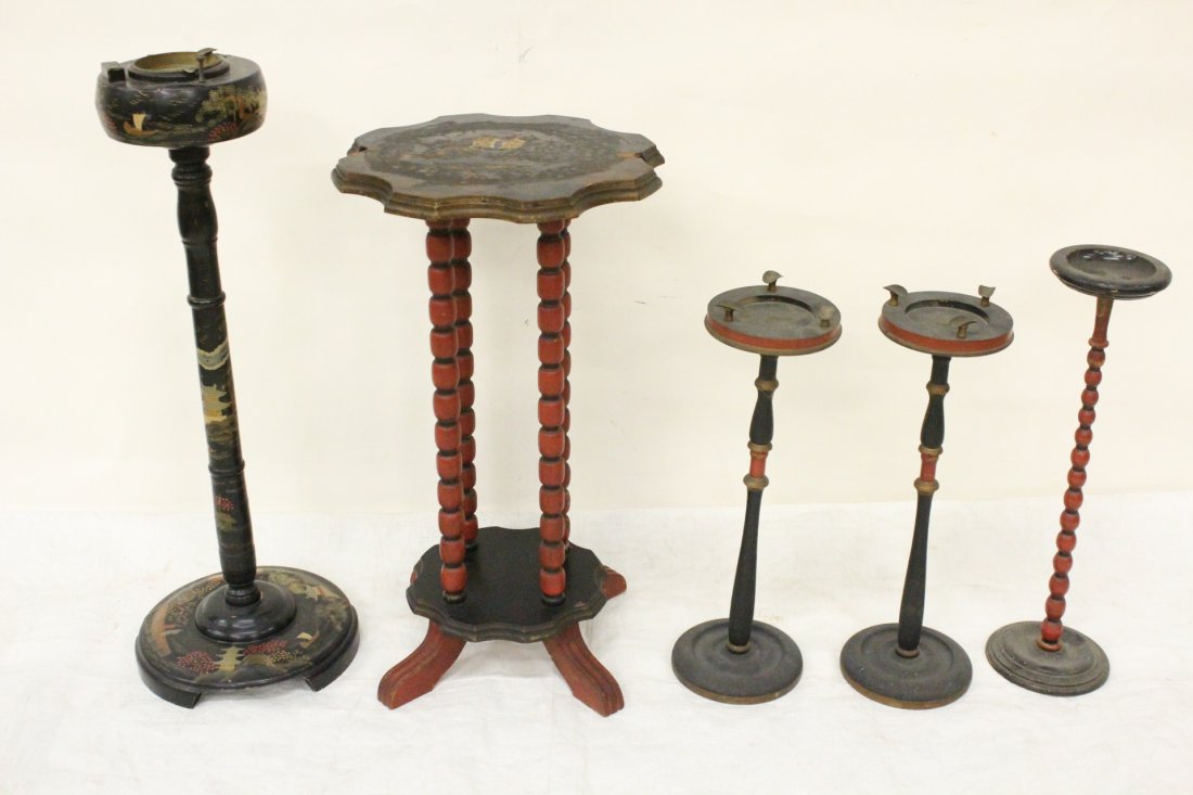 5pc lacquer furniture: 5pc lacquer furniture, including 4 Chinese antique lacquer floor cigarette serving tray (18.5"Hx6"dia(2), 19.8"Hx5.6"dia, 27.8"Hx10.2"dia)and a Chinese antique painted lacquer stand (23.8"Hx13.4"dia)
