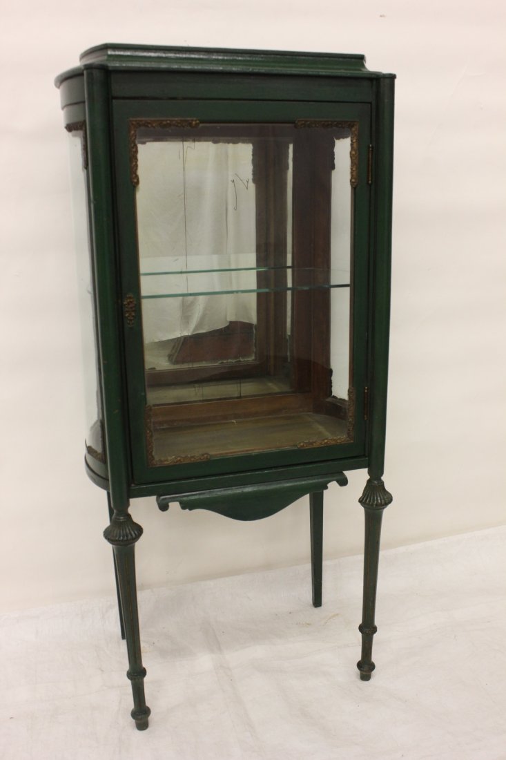 Antique French painted green display case: Antique French painted green display case with ormolu, 52"Hx25"x15.3"