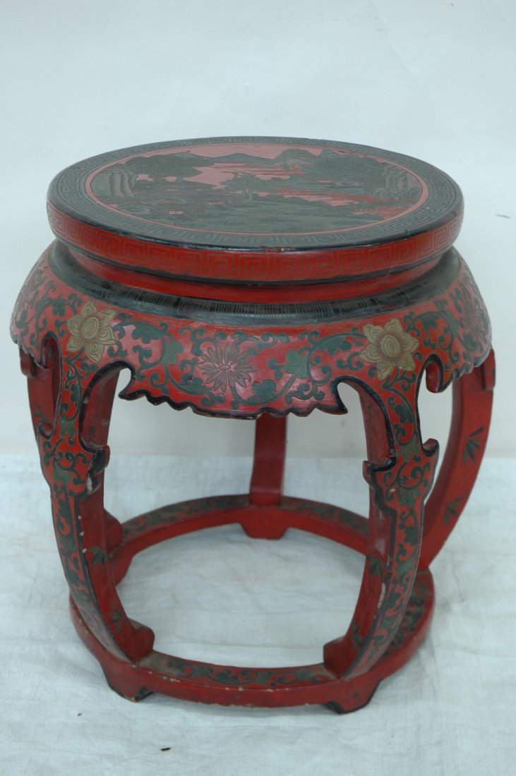 Chinese antique red lacquer stool: Chinese antique red lacquer stool, the top painted with landscape scene with temples, 17.8"Hx18"dia