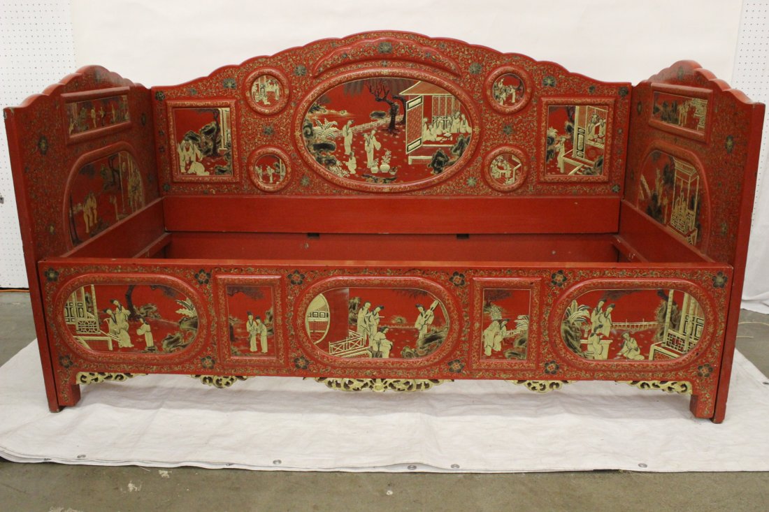 Chinese antique lacquer lohan bed: A rare Chinese antique lacquer lohan bed, panel painted with garden scenes with girls, surrounded by inter-twin peony, 45"x79.3"x42.9"