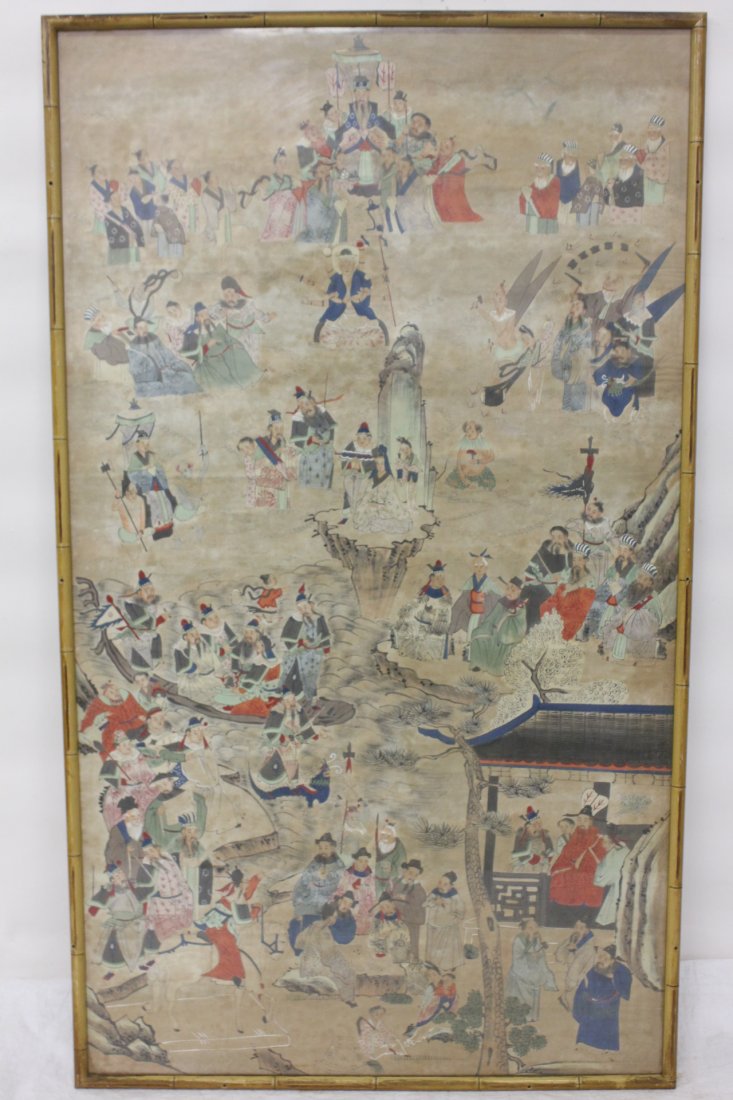 Framed Chinese 19th century w/c on rice paper: Framed Chinese 19th century watercolor on rice paper (53.3"x30.5") depicting the scene of Daoism gods in heaven