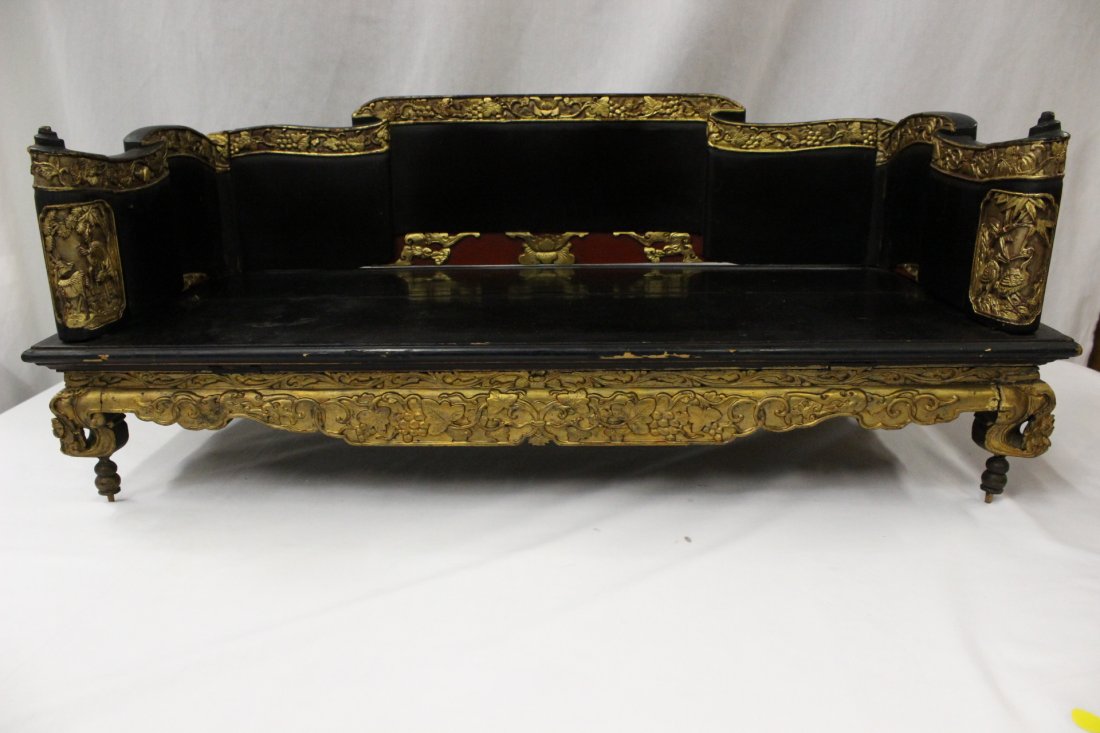 lacquer altar with gilt wood carved panel: Very unusual small lacquer altar with gilt wood carved panel depicting crane, flowers, 11.8"Hx25.3"x11.8"