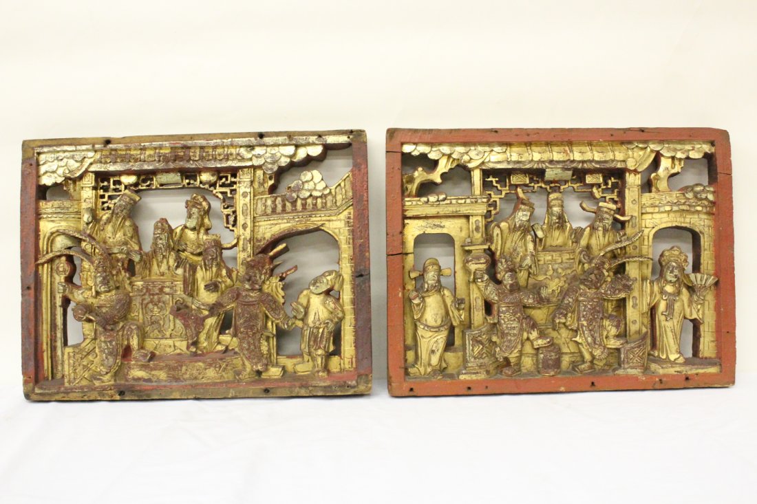 2 Chinese antique gilt wood carved wall panels: 2 Chinese antique gilt wood carved wall panels depicting Daoism gods, 13.5"Hx18.1"x1.5" each