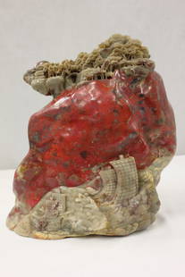 Chinese chicken blood stone boulder: A highly important Chinese chicken blood stone carved boulder, the top carved with village scene, the bottom carved with ocean wave with ship, 11.5"Hx11.3"x4.5"