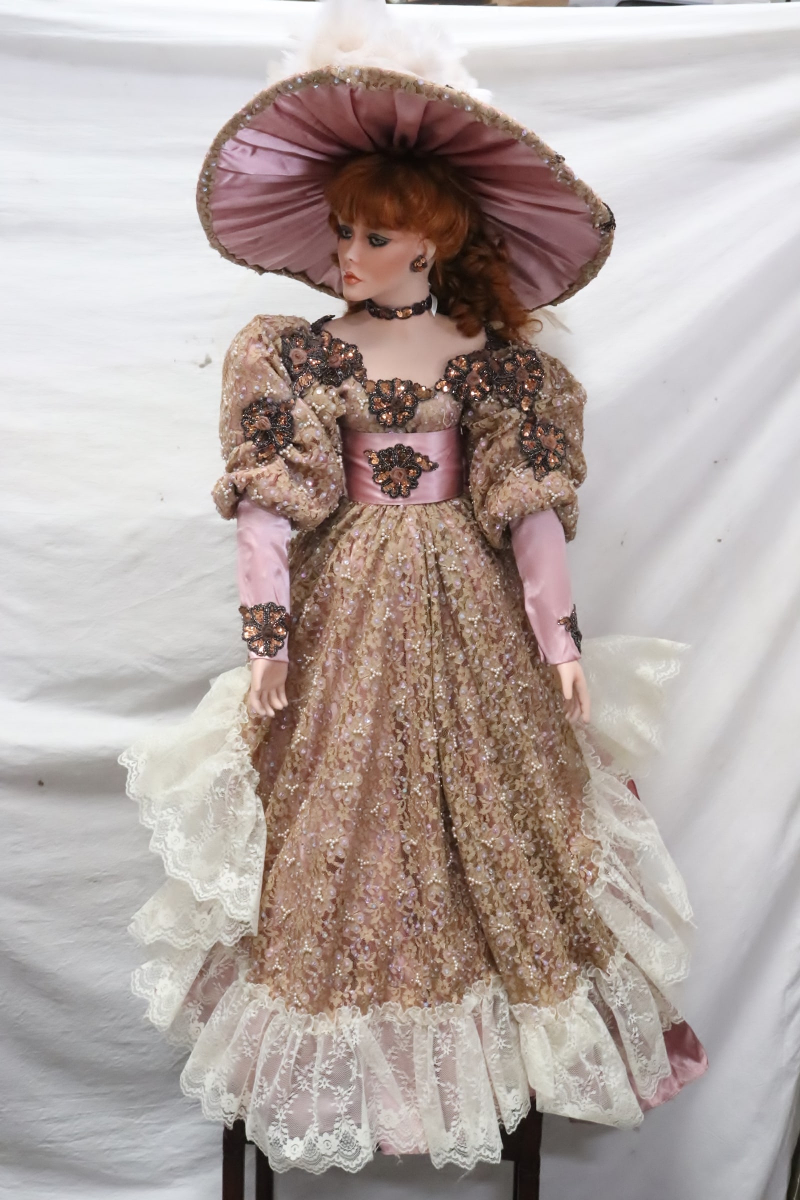 20th c. massive bisque head fashion doll w/ fancy dress: A beautiful 20th century massive bisque head fashion doll with fancy dress, 42"H