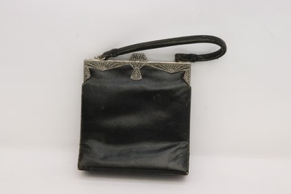 Art deco leather lady's handbag, leather worn