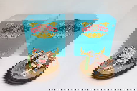 2 limited edition music automaton, new in box: 2 rare 1988 Ringling Brothers and Barnum and Bailey limited edition music automaton (6.2"x9.35"dia ea), new in box (11.3"x11.2"x7.7" ea)