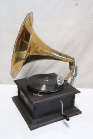 A vintage brass horn Victrola