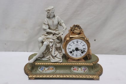 antique framed table clock w/ bisque sculpture