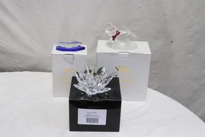 2 handcraft Sorelle crystal ornaments, & a crystal candle holder
