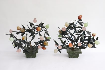 Pair jade tree with jade like stone bases