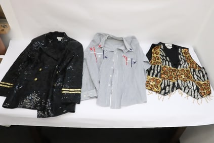 3 pieces; 2 fancy lady's sequin vest and a lady's fancy shirt