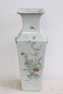 Chinese 19th century famille rose porcelain vase: Chinese 19th century famille rose porcelain vase painted with flower and calligraphy, 22.15"x7.35"x7.35"