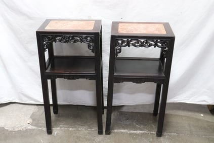 Pair Chinese 19th c. marble top rosewood side tables