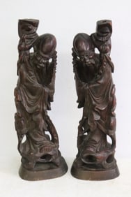 Pair Chinese vintage wood carved deities