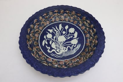 Chinese red and white on blue porcelain charger