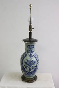 Chinese antique b&w porcelain vase, made as lamp: Chinese antique blue and white porcelain vase (16.3"x8.6"dia), made as lamp (32.6"H), repair