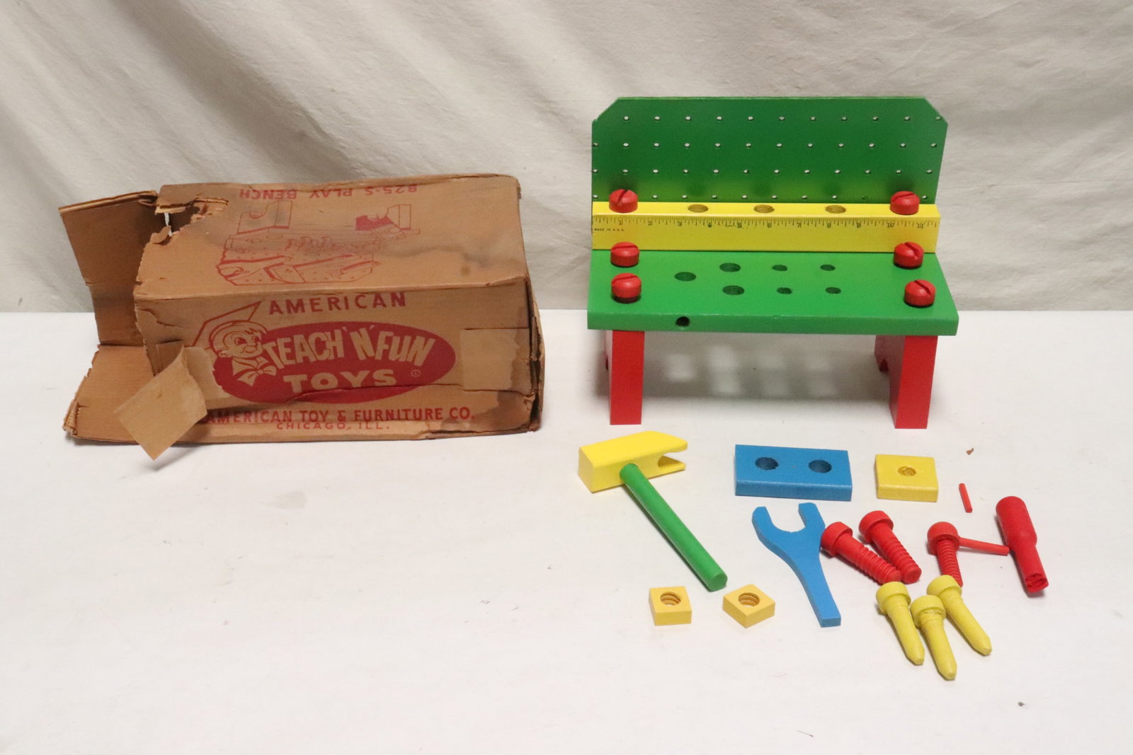 Painted wood toy "play bench": Painted wood toy "play bench" from American Toy and Furniture co. (box:6.75"x12"x6")