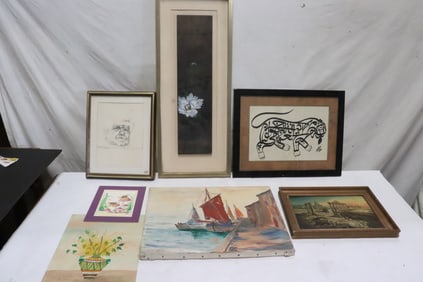 7 paintings; oil, watercolor, and pencil