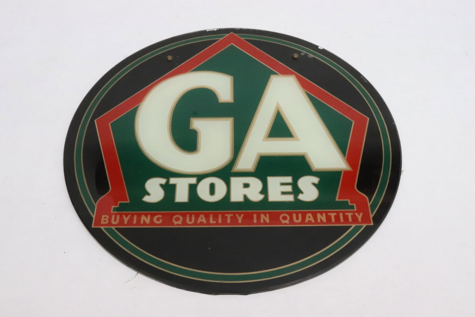 Vintage round glass store sign: Vintage round glass store sign, 0.15"x10.25"dia