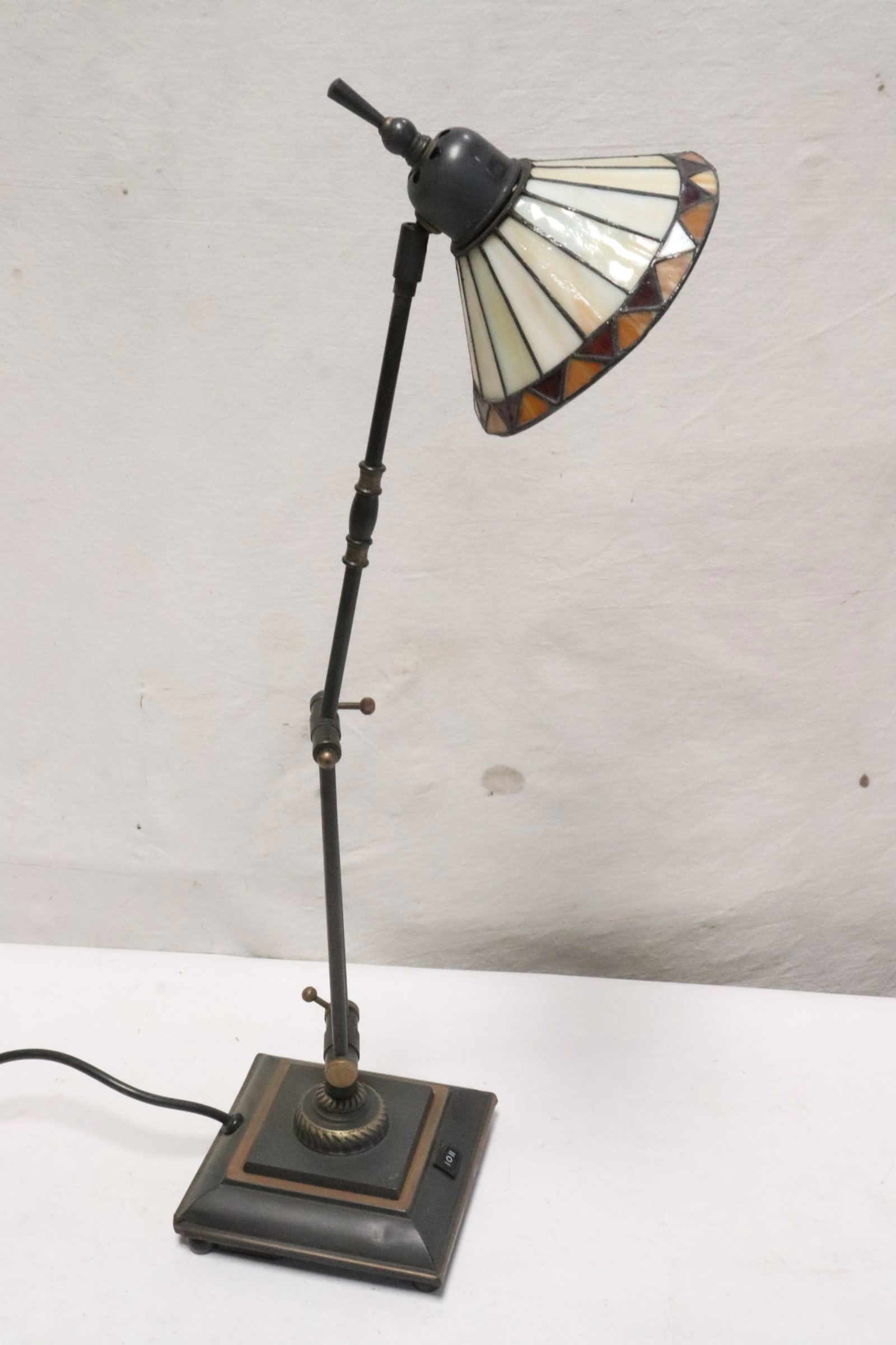 Cast iron based table lamp w/ leaded glass shade (1 of 9)