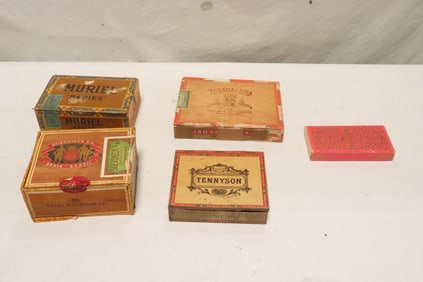4 vintage cigar boxes w/ cigar labels, & a cologne box