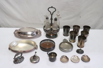 Cruet set, and misc. silverplate items