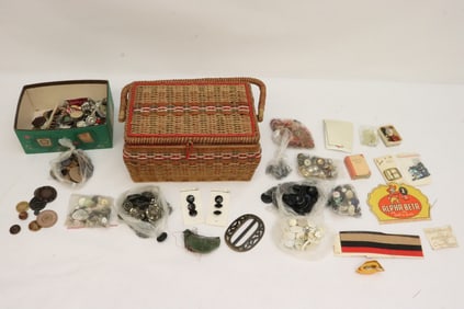 Basket of old buttons, and sewing accessories