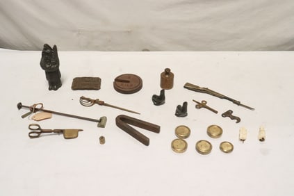 Lot of misc.; weights, cast iron mold, belt buckle, etc