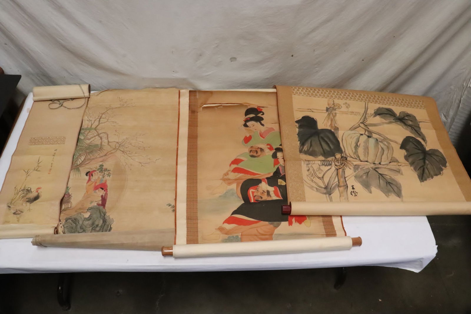 4 Chinese print scrolls, tears, damage (1 of 12)