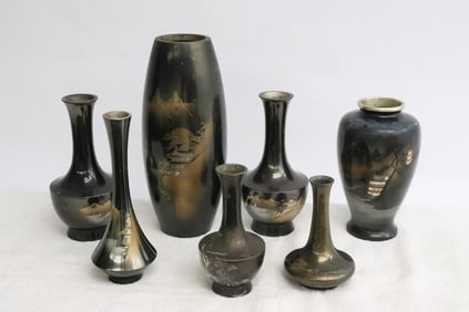 7 Japanese metal vases