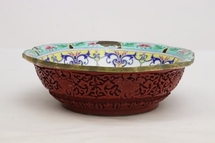 Chinese enamel on brass bowl with cinnabar shell