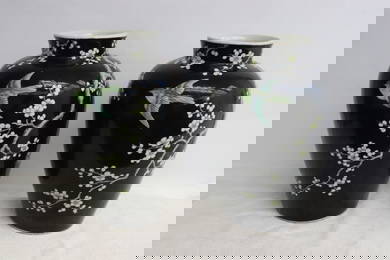 Pair Chinese vintage famille noire porcelain jars