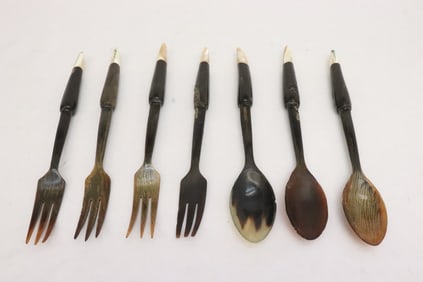 7 Chinese horn carved utensils, w/ MOP top