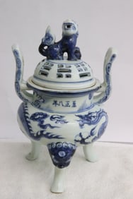 Chinese blue & white porcelain tripod handled censer