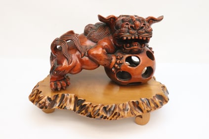 Chinese wood carved fulion on large wood stand