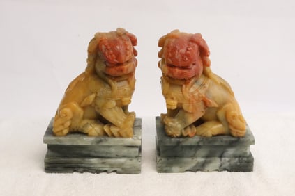 Pair soapstone carved fulions