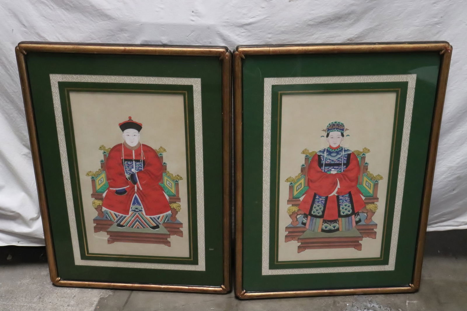2 Chinese vintage framed watercolor on silk panel: 2 Chinese vintage framed (29.7"x21.7"x0.85" ea) watercolor (19.8"x11.7" ea) on silk panel, depicting portrait of officer and his wife